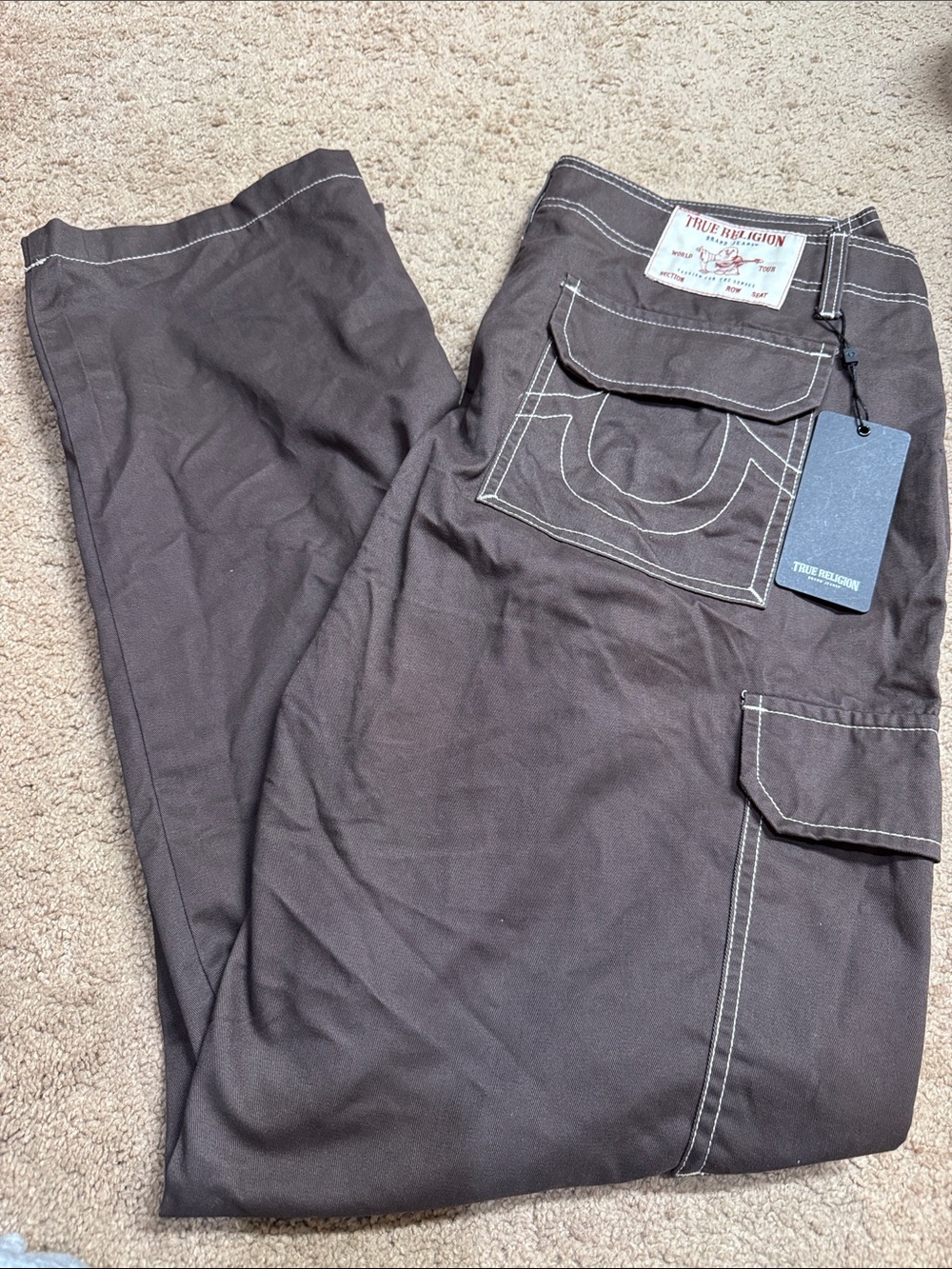 True Religion Brown Men's Cargo Pants with Contrast Stitching